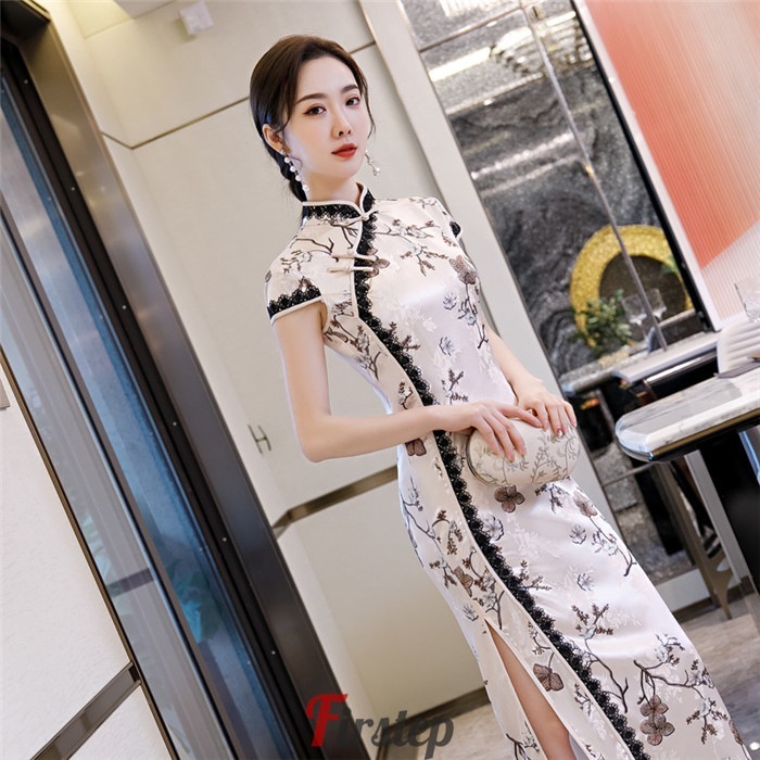 チャイナドレスレディースママ用ドレスフォマールドレスロング丈春夏秋半袖古典漢服スリット花柄