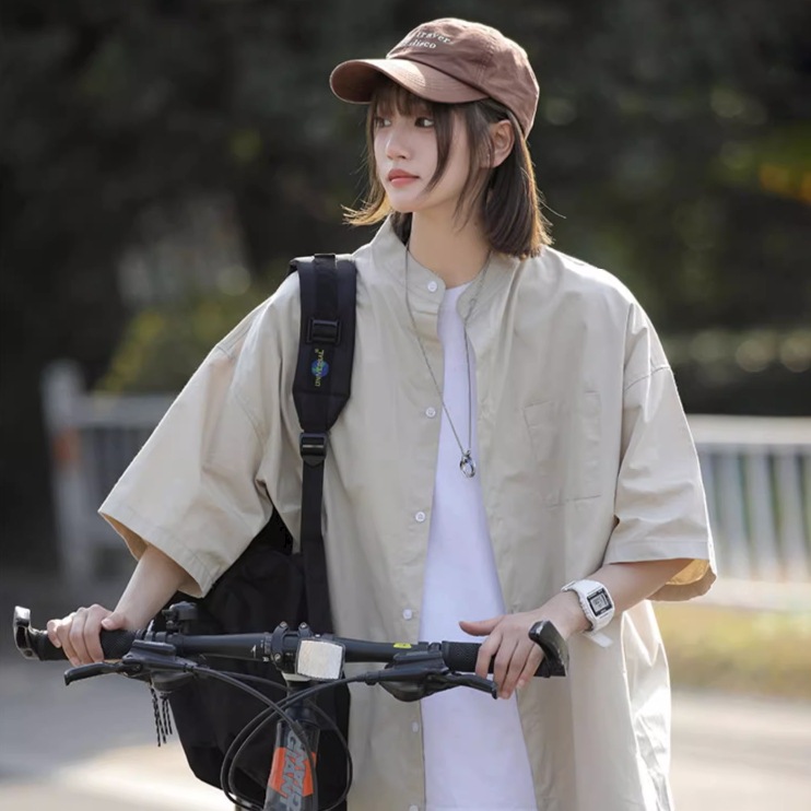 トップス ユニセックス シャツ 白シャツ 白トップス 袖あり 半袖 襟なし スタンドカラー 前開き 綿 シンプル カジュアル 大人 おしゃれ かっこいい レトロ アジアン エスニック エキゾチック