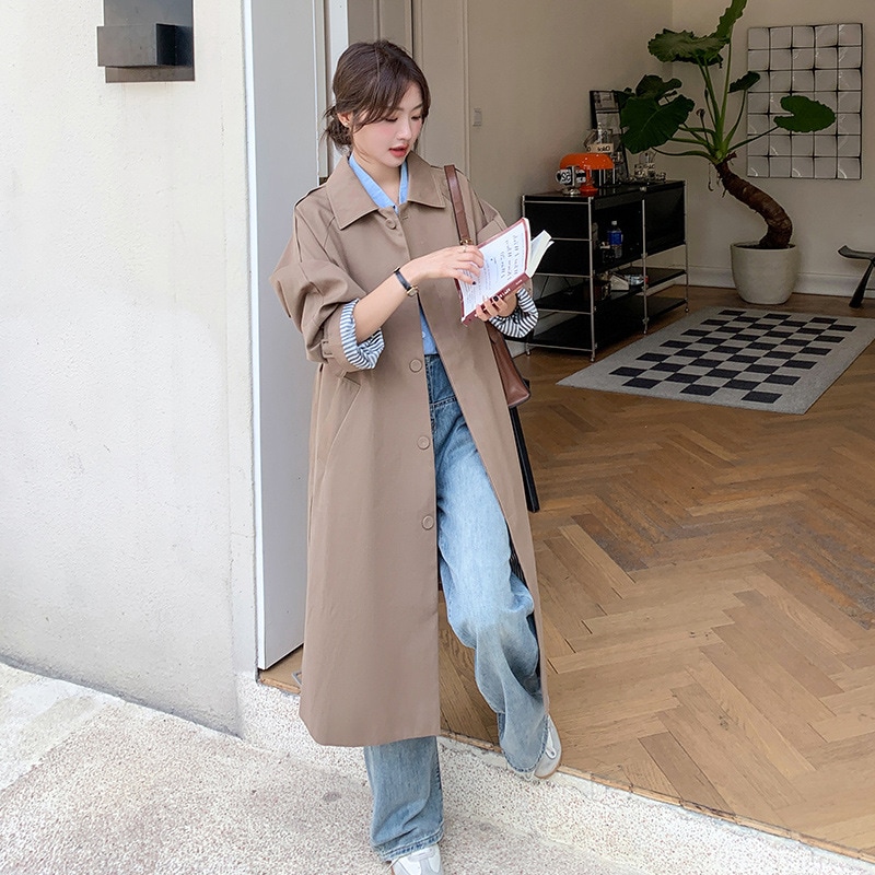 ワークウェアトレンチコートジャケット女性ニッチデザイン春と秋の韓国語バージョンの長いセクション緩いカジュアルコート