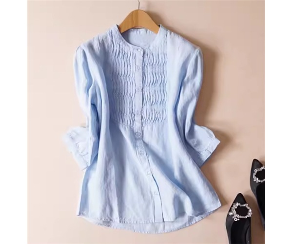 レディース トップス シャツ ミドル丈 7分袖 ラウンドネック ストレート プリーツ ボタン リネン 大人可愛い きれいめ シンプル カジュアル 上品 おしゃれ レトロ エレガント クラシカル