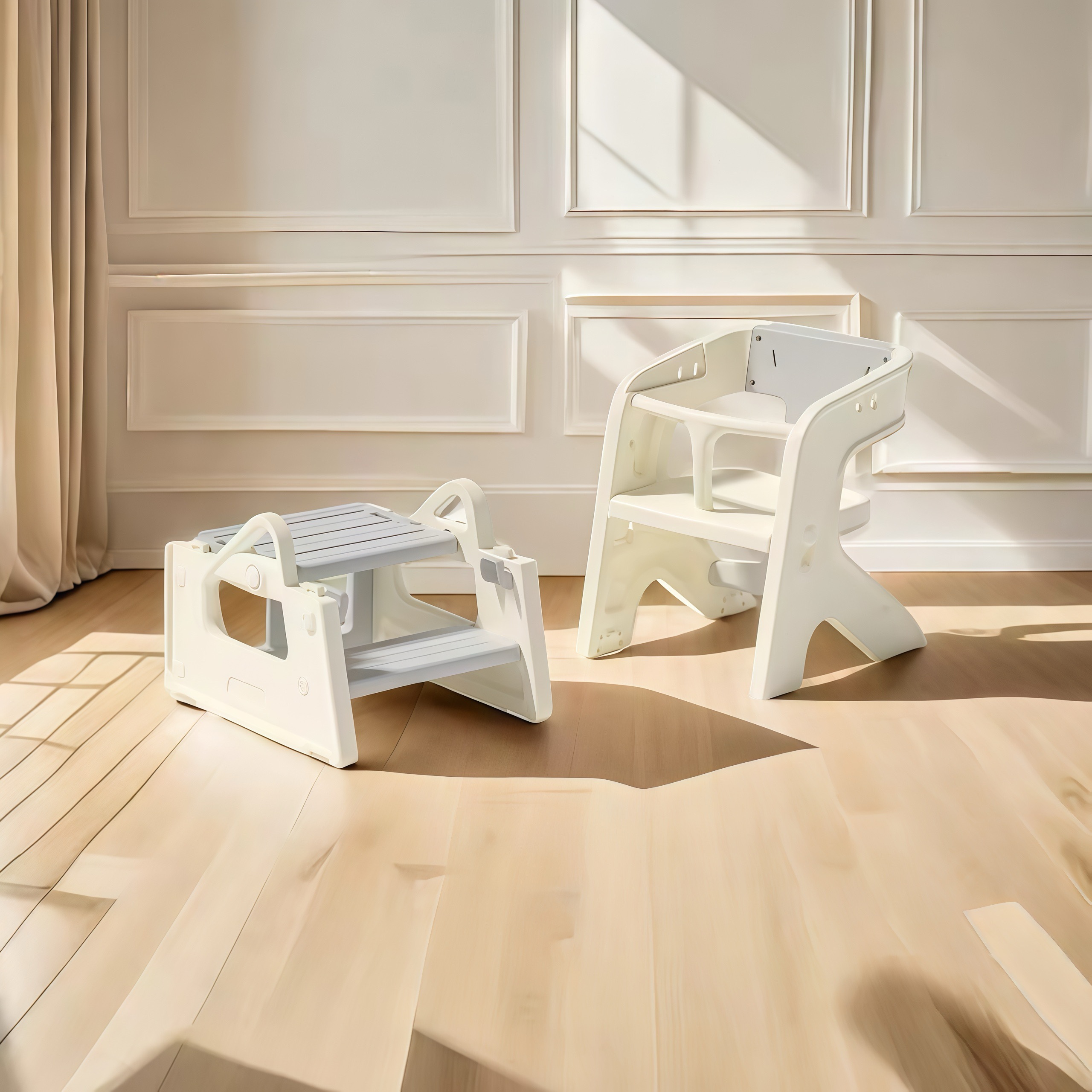 【大好評！最安値挑戦!】多機能ベビーチェア 高さ2段階調整可能 チェアー＋踏み台セット 安全ベルト 長期利用赤ちゃん 子供GG6131 White HDPEG17