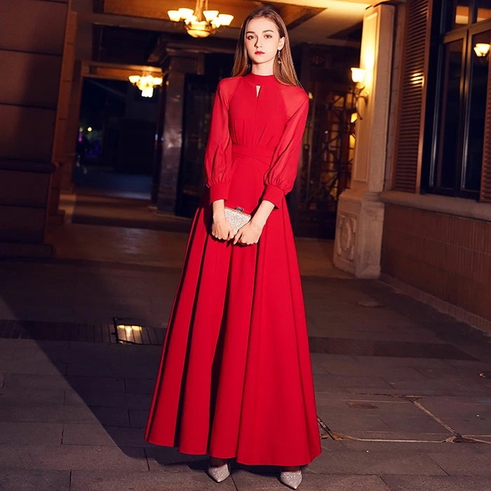 お早めに！パーティードレス 袖あり 長袖 ロングドレス 演奏会 ワインレッド カラードレス イブニングドレス 演奏会 フォーマルドレス カクテルドレス 花嫁 結婚式 Ａラインドレス 大きいサイズ ワン