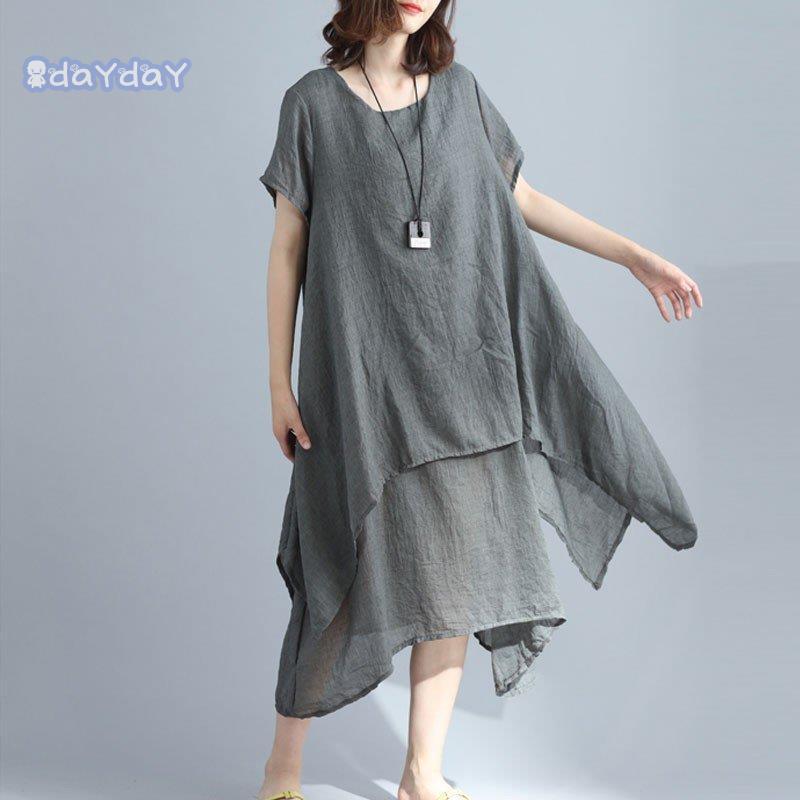 ワンピース レディース ロングワンピース マキシワンピース 体型カバー 大きいサイズ 2枚重ね ロング丈 半袖 無地 リネン 綿麻