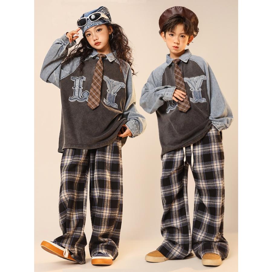 [新品入荷]キッズダンス衣装 ヒップホップ ストリート 男女 ダンスウェア セットアップ 秋冬 チェック柄 140サイズ1点