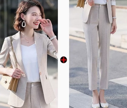 無地ジャケット＋パンツスーツセット 2点セット ジャケット 七分袖 パンツ ロング丈 ブルー スリム タイト 細身 ストレート Iライン スマート レース 爽やか 可愛い 上品 おしゃれ 9,099円