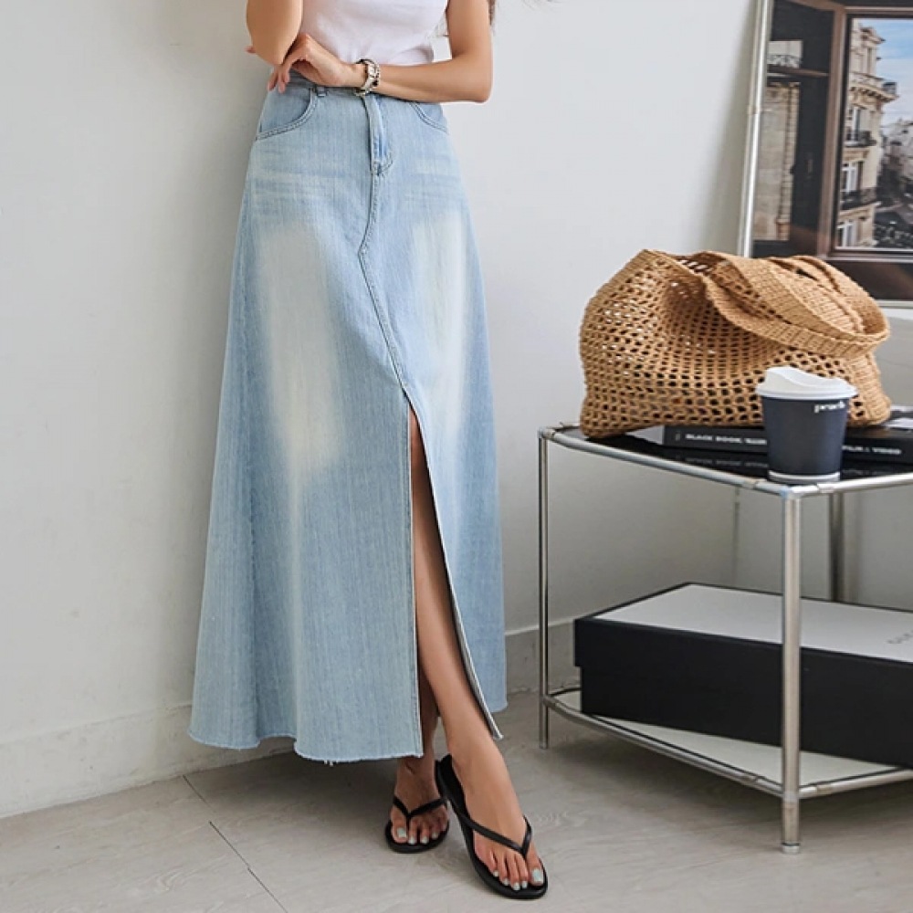 [NAK21] フロントスリットAラインロングデニムスカートDM42-P-40