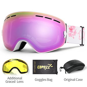 男性と女性のための防曇球面スキーグラス,伸縮性のあるスキーゴーグル,黄色のレンズ,UV400保護付き White pink set