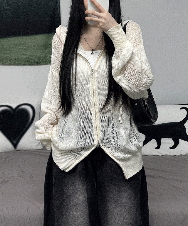 [夏まで~/梅雨アイテム！] ビーアイメッシュニット オーバーフィットシアーフードジップアップ