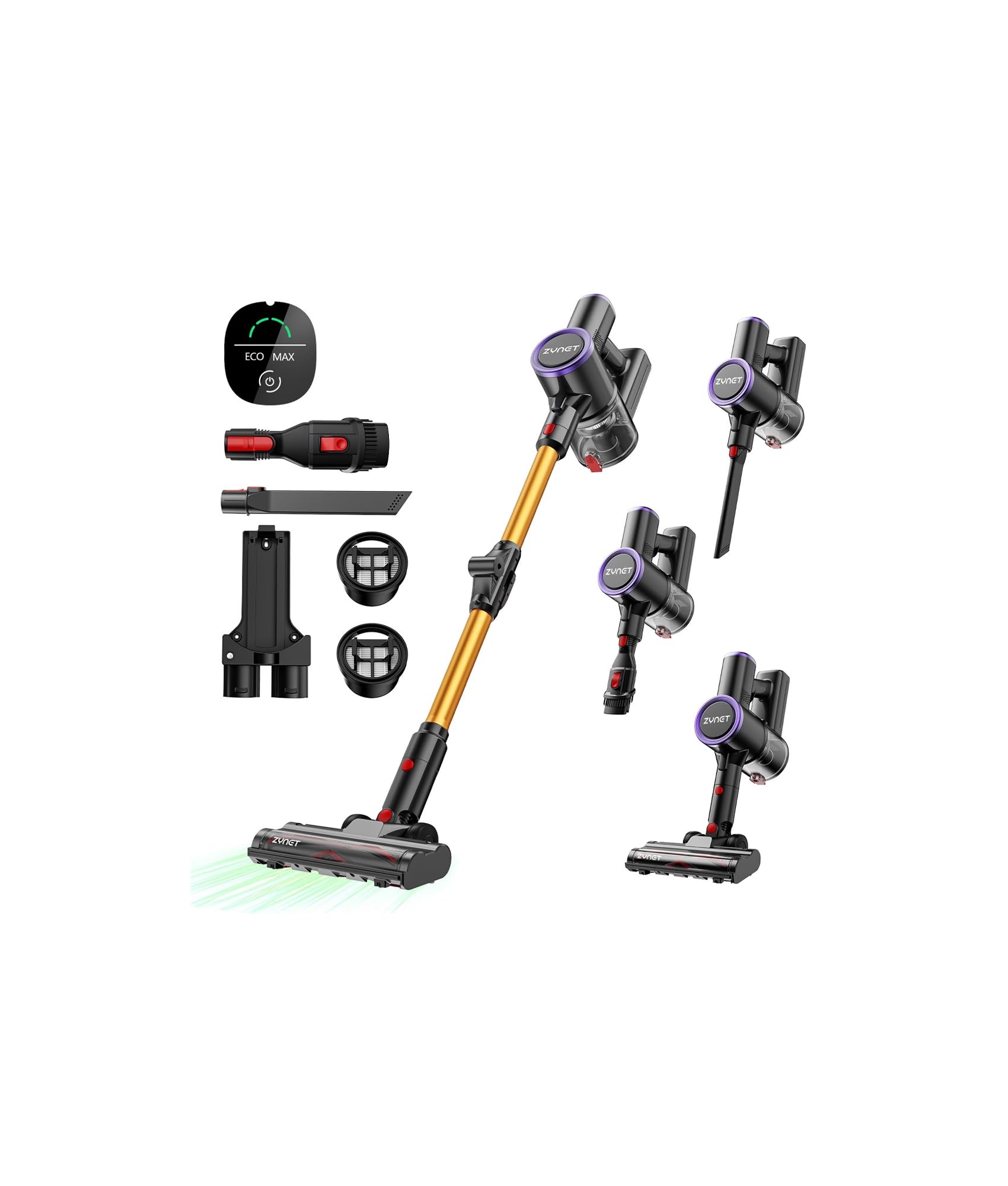 掃除機 コードレス 【12月新登場！業界初腰痛ゼロ折りたたみ式・70KPa超強力吸引・自立式】 Zynet S9 コードレス掃除機 LED緑ライト スティッククリーナー サイクロン式 LEDディスプレ