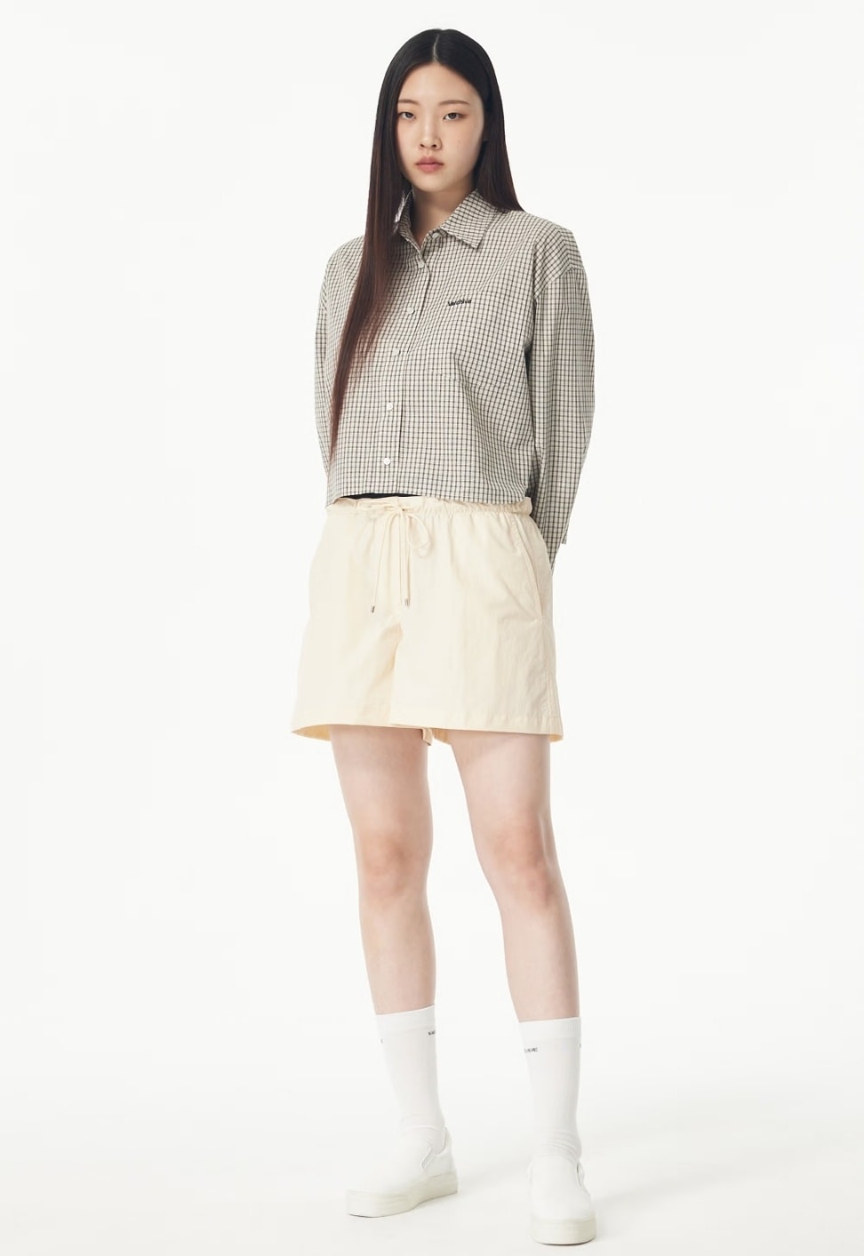 刺繍ポケットチェックパターンクロップシャツ