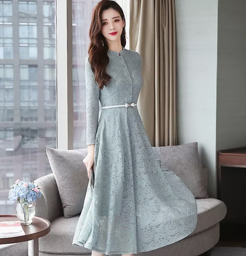 ワンピース デート ワンピドレス ミモレ ミモレ丈 袖あり 長袖 レース かわいい 大人可愛い きれいめ シンプル カジュアル 大人 上品 おしゃれ お洒落 主役級 存在感 春 秋 10代 20代