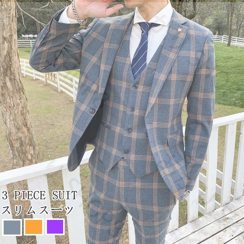 超人気 スリムスーツ メンズ スリム ビジネス オールシーズン グレンチェック柄スーツ スーツ 3点セット ベスト ジャケット カジュアルスーツ フォーマルスーツ スリーピース 3ピーススーツ 大きい