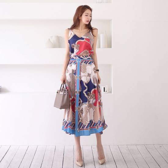 セットアップ ドレス パーティードレス レディース ツーピース トップス スカート キャミソール 袖なし ミモレ レトロ 華やか フェミニン 高級感 リゾート 20代 30代 大きいサイズ 4,729円