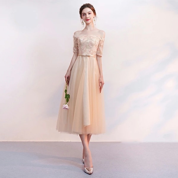 ブライズメイド ドレス ミモレ丈 結婚式 体型カバー 半袖 オフショルダー ピアノ 発表会 演奏会 20代 30代 da693zec6kc/代引不可