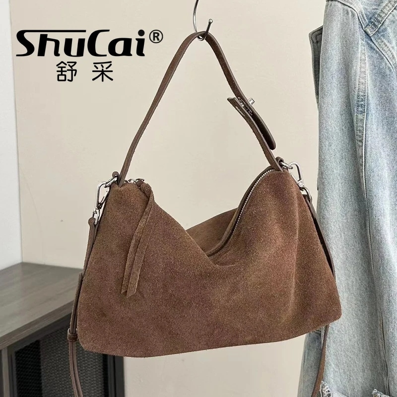 女性のためのスエードクロザーハンドバッグ,大型ボストントート,ソフト,マット,ショルダー,クロスボディ,ブラウン,グレー,ファッショナブル,秋冬