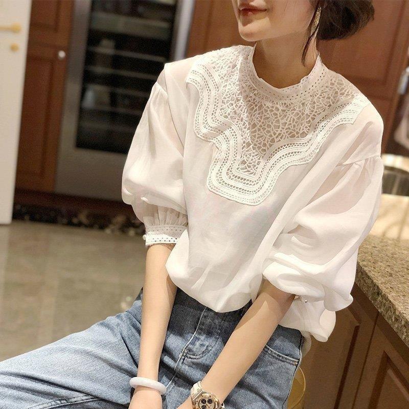 ブラウス レディース 秋新作 オシャレブラウス 白Tシャツ 長袖トップス 白レースブラウス パフスリーブ 大人40代 上品 韓国風 大きいサイズシャ