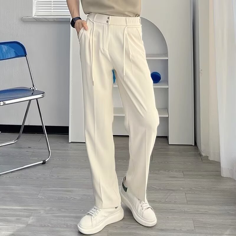 軽やかな大人風カジュアルパンツメンズ秋ドレープパンツメンズ夏ルーズストレートレースアップノンアイロンパンツトレンド
