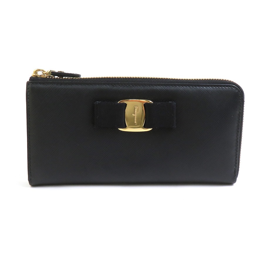 サルヴァトーレフェラガモ Salvatore Ferragamo ラウンドファスナー長財布 ヴァラリボン レザー ブラック レディース h31413a