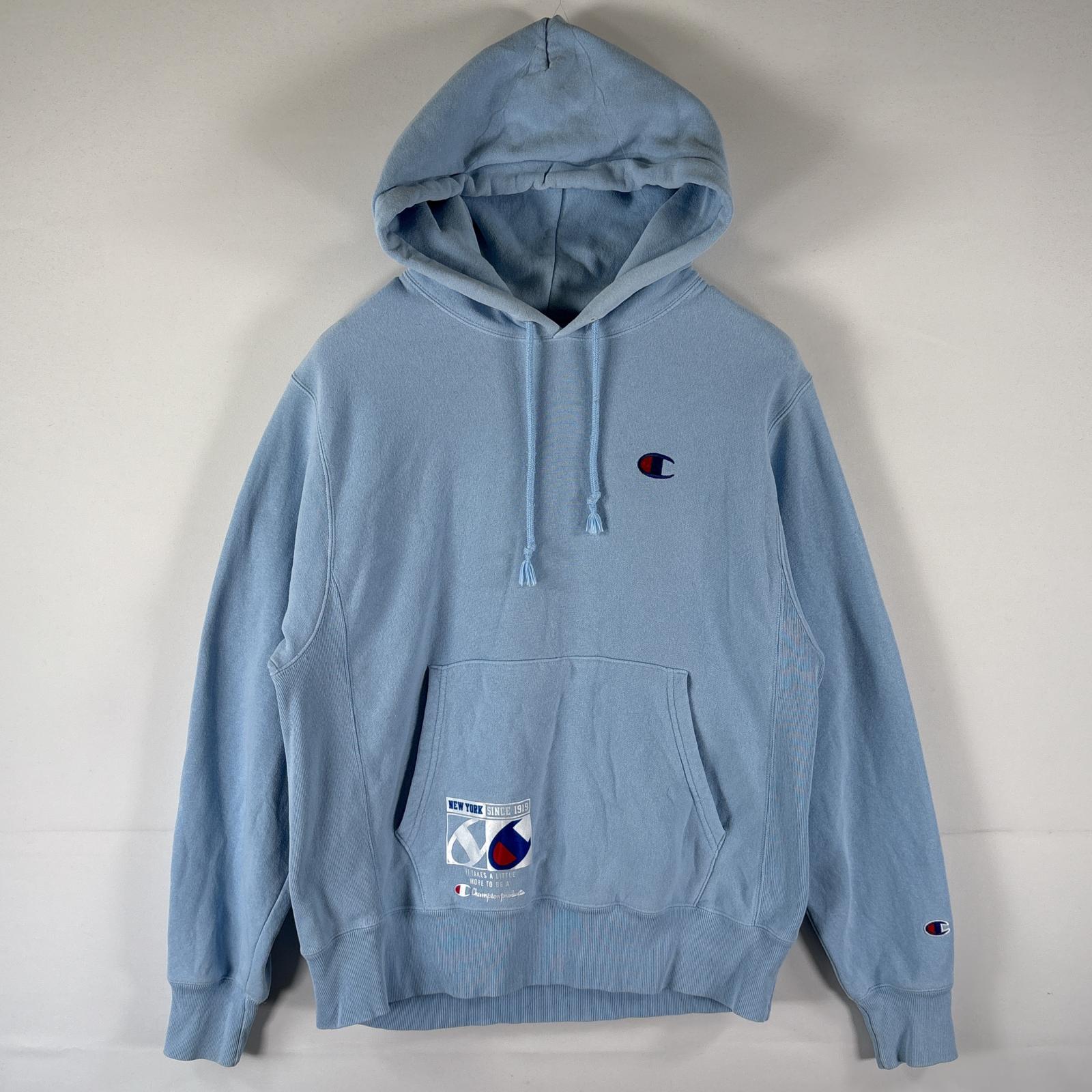 古着 パーカー リバースウィーブ ワンポイントロゴ刺繍 スウェット フーディ MEDIUM 水色 メンズ