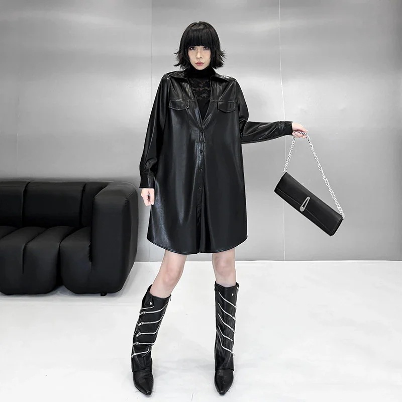 レース スプライシング レザージャケット コート レディース 新作 ルーズ ファッション シャツドレス ロングスリーブドレス レディースドレス