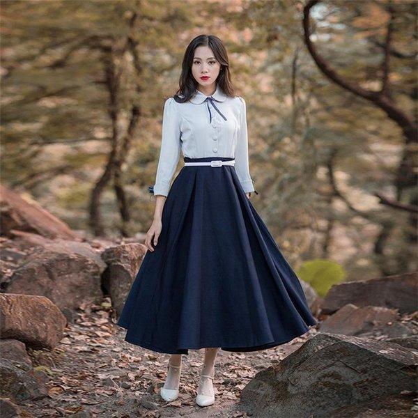 クラシックワンピース　切り替え　ロングワンピ　長袖　　カレッジ風　森ガール　エレガント 上品 マキシワンピース