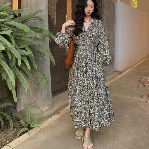ワンピース レディース ドレス 膝下 ロング 長袖 ボリューム袖 パフスリーブ ドロップショルダー Vネック ワイド フレア フェミニン ウエストマーク ポケット 綿 かわいい 大人可愛い カジュアル