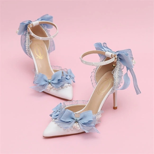 ブルー　レース ストラップパンプス　ハイヒール　ピンヒール　パンプス ストラップ　ポインテッドトゥパンプス　レース花　ヒール5/7/9cm　 レディース サンダル　靴 美脚 結婚式　ウエディングシュー