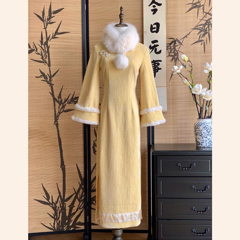 [月光] 日常年齢を減らす気質のために厚くされた新しい風改良チャイナドレスグースイエローの民族風ドレス秋冬