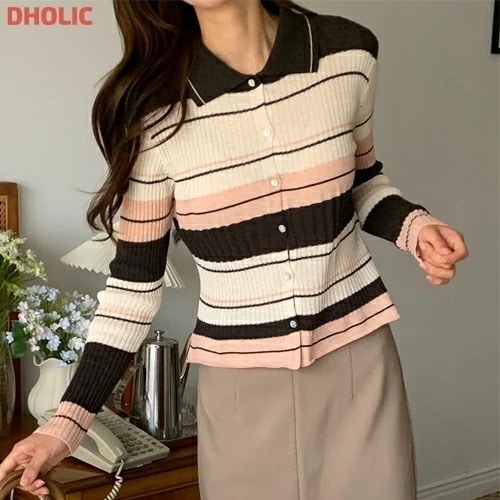 リネン混ボタンカラー長袖ボーダーカーディガン