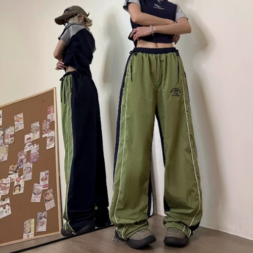 レディース パンツ ボトムス ワイドパンツ ワイド ストリート ポケット ハイウエスト ウエストゴム バイカラー 配色 大人可愛い シンプル カジュアル おしゃれ かっこいい レトロ こなれ感 ラフ