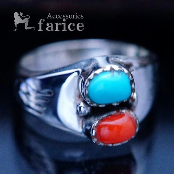 ターコイズ ＆レッドコーラル立体装飾 ベアパウ(熊の手/足跡)彫り メンズ ＆レディース インディアンジュエリー シルバー925 リング