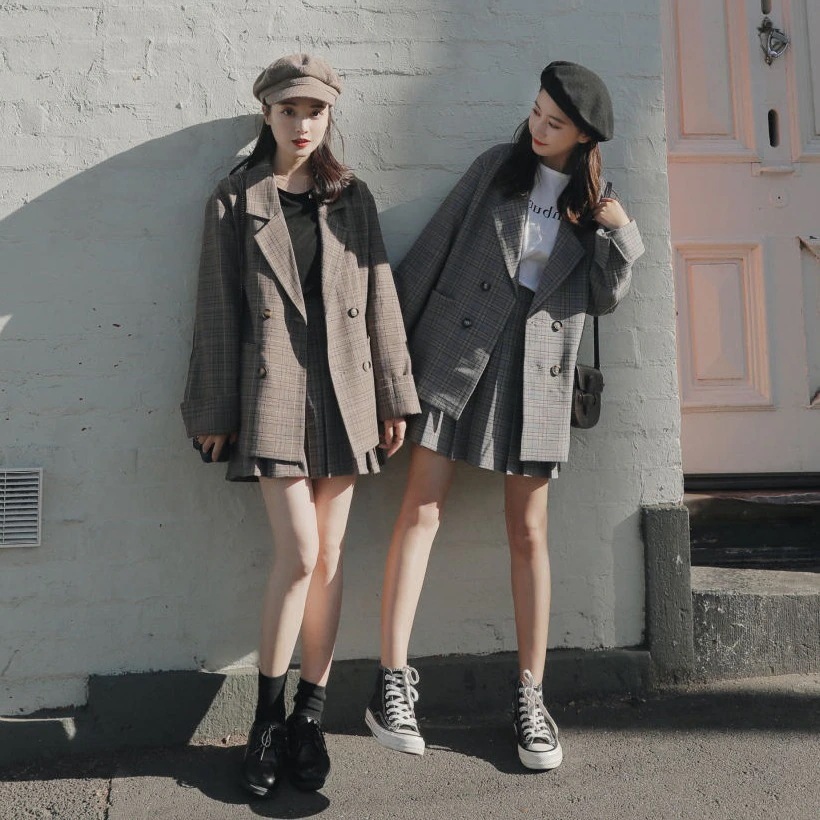 ブレザースーツスーツジャケットレディースきれいめ秋冬チェックロング丈ブレザーカジュアルウエア長袖着痩せ韓国風学院風オシャレ2色
