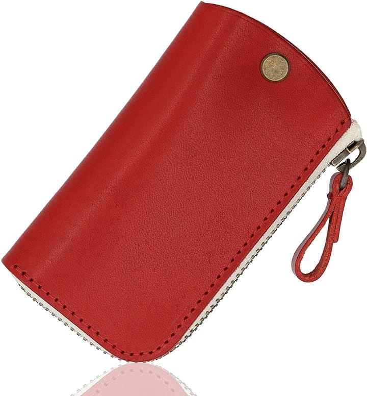 キーケース 栃木レザー スマートキーケース ファスナー付き コンパクト レザーキーケース メンズ レディース( レッド, Free Size)