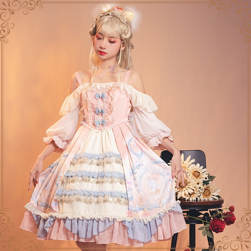 Heartbeatsロリータドリームランドはオープンショルダーオフショルダーファンタジー5点袖OPワンピースlolitaピンクドレスプリンセス妖精スカート