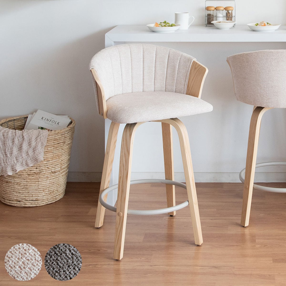 カウンターチェア 回転式 座面高65cm バーチェア Litas 背もたれ付き キッチンチェア カウンター イス 椅子 木製 天然木 回転 幅広 座面 フットレスト キッチン ラウンドチェア