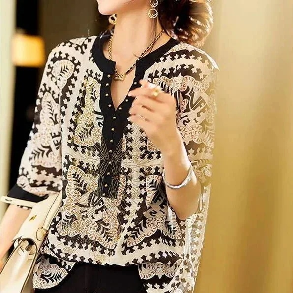 七分袖ブラウス オフィスブラウス ブラウス レディース プリント オシャレブラウス Vネックト