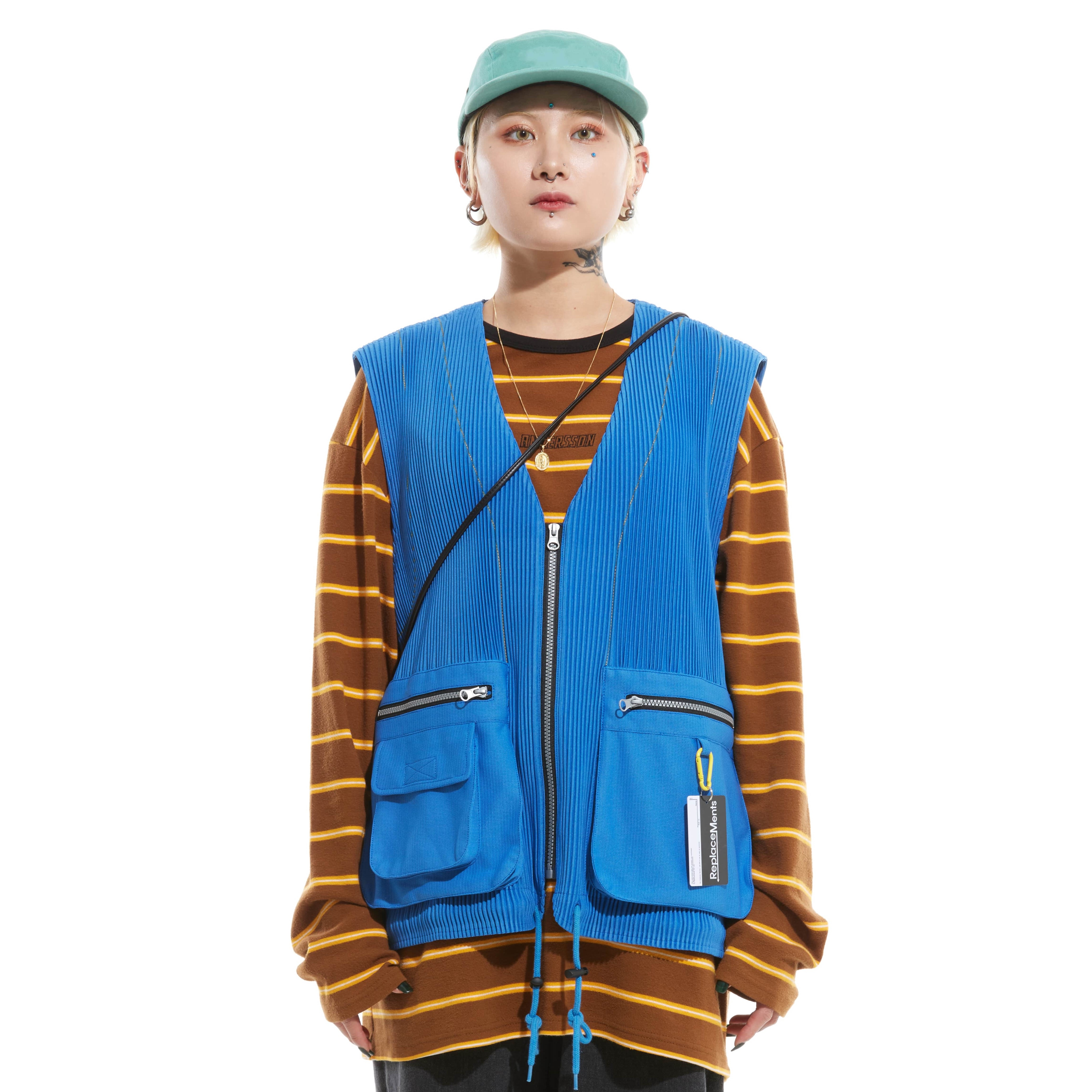 プリッツ カーゴのベスト WASHING BLUE ユニセックス メンズプリッツ しわ オムプリーツ プリーツプリーツ プリッツカーディガン プリーツジャケット