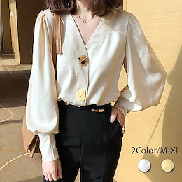 限定SALE!!Vネックシフォンブラウス バルーン袖 ボタン レディースシャツ サイドスリットリボンが リボン ブラウス ワイシャツ ビジネス長袖 OL 通勤