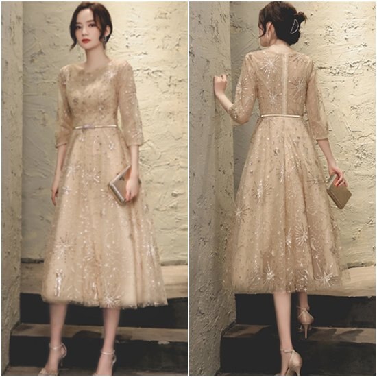 【取寄：納期2週間】結婚式ドレス 大きいサイズ 2XL イブニングドレス 夏服 Uネック メッシュ 半袖 お呼ばれ