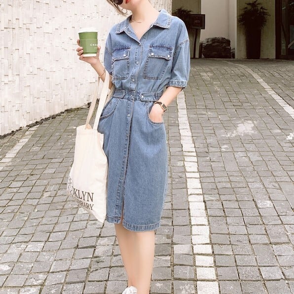 ワンピース ミモレ丈 半袖 ５分丈 デニムワンピ ウエストマーク シャツワンピ Aライン サイドベルト ポケット かわいい 大人可愛い きれいめ シンプル カジュアル 大人 上品 おしゃれ lone0