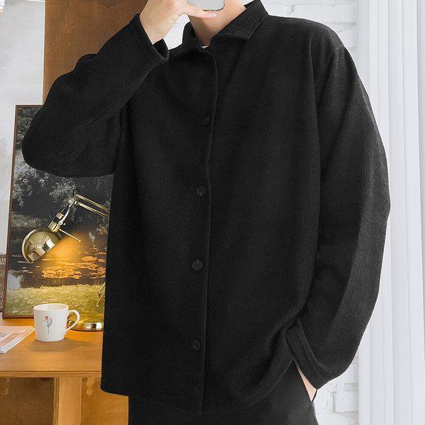 メンズソリッドリブカラーネックシャツニットTシャツ5C-KN-Q114-ブラック