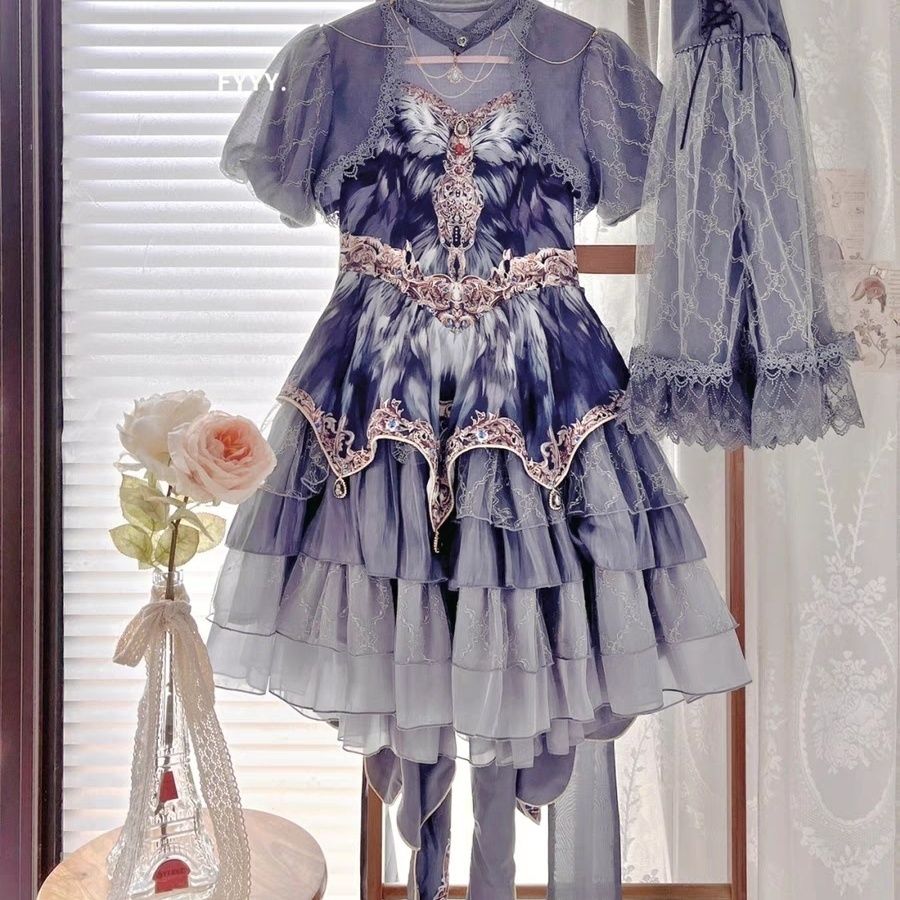 本格ロリータ白鳥の舞・グレーフェザー ロリータドレス 多層ケーキスカート ハロウィン