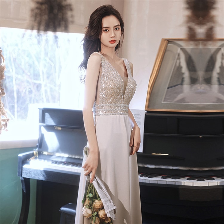 韓国ファッション 2025春夏新作 パーティードレス ノースリーブ ロング丈 上品さ溢れる