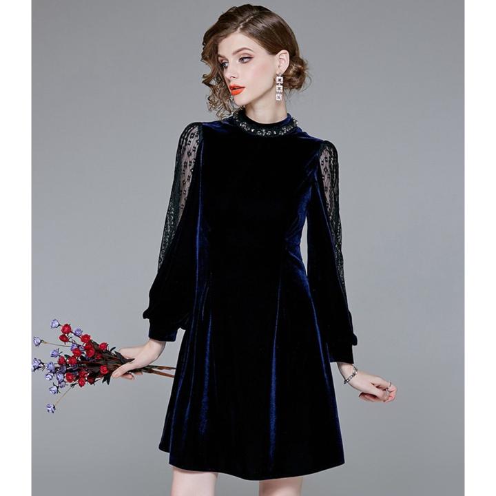 秋冬 ドレス ミニドレス ワンピース 長袖 ベロア ベルベット 無地 透けレース エレガント パーティ 二次会