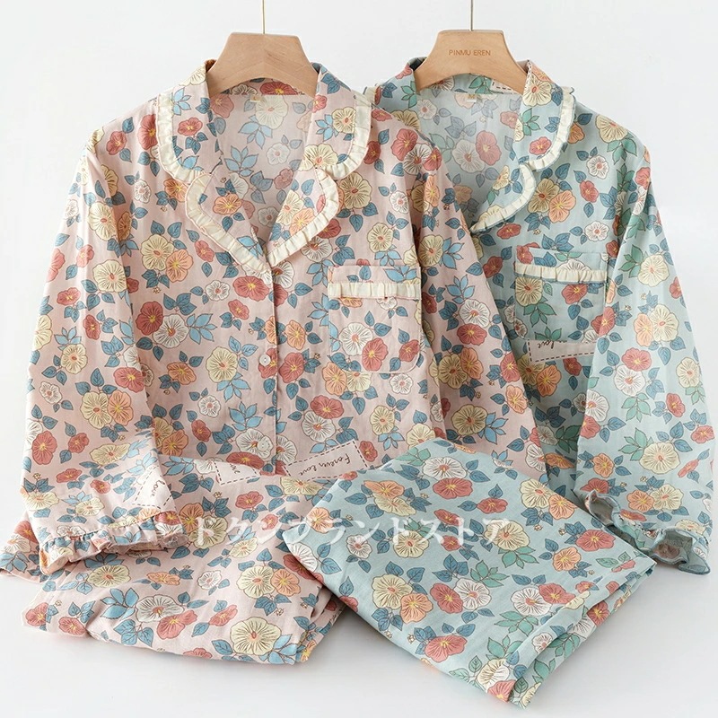 ダブル ガーゼ パジャマ ルームウェア 上下セット レディース 綿100％ 長袖 春夏用 涼しい 春秋用 前開き 大きいサイズ 襟付き Vネック 長ズボン 部屋着 寝巻き フリル 花柄 森ガール 室内