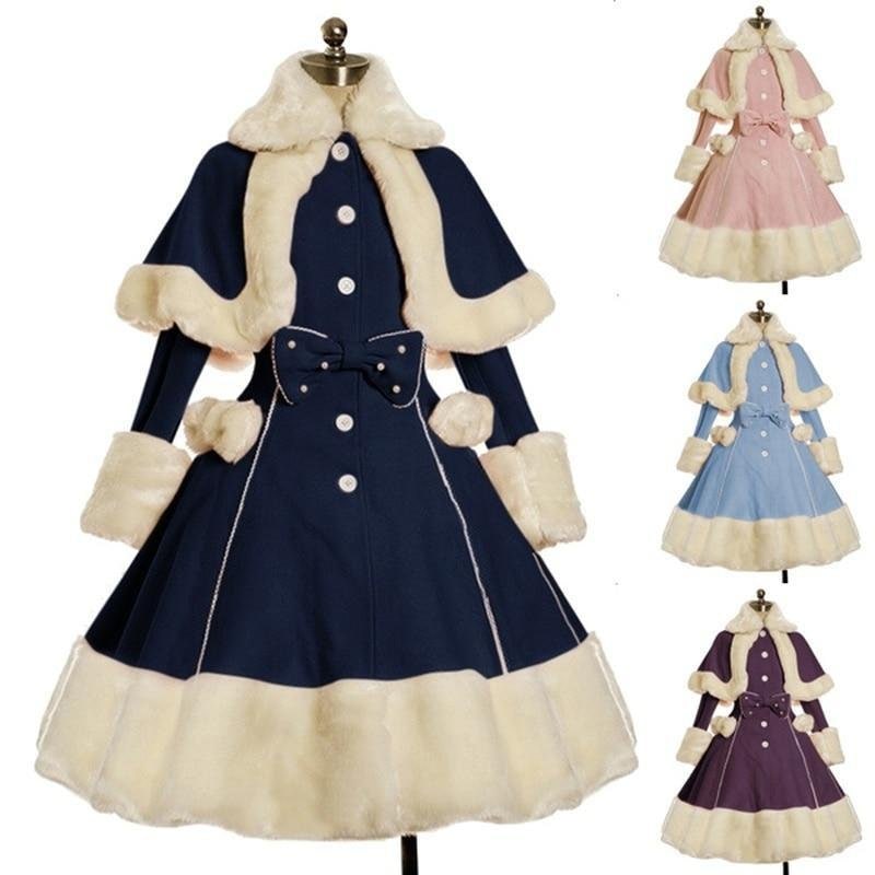 女性 ロリータ コート ウォーム 毛皮の襟 リボンのドレス ジャケット ファッション スウィート プ