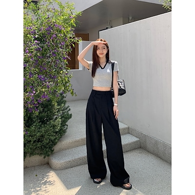 MULVANのウエストの高いウエストのワイドパンツ女性の夏のデザインの感覚はカジュアルで融通がよくて細いズボンのモップのズボンです