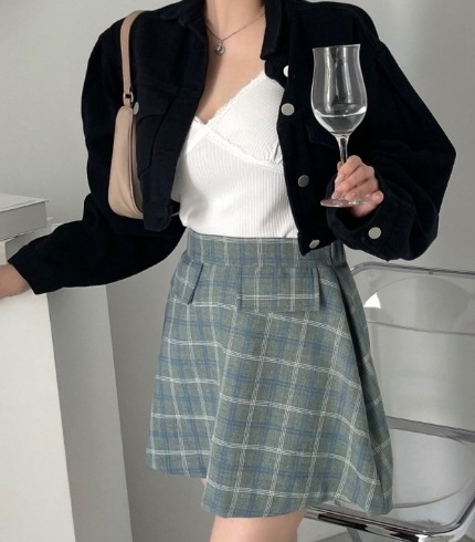 韓国女性ファッション ボニーチェックスカート 韓国女性 韓国服 ファッション スカート チェック 韓国トレンド 韓国衣類