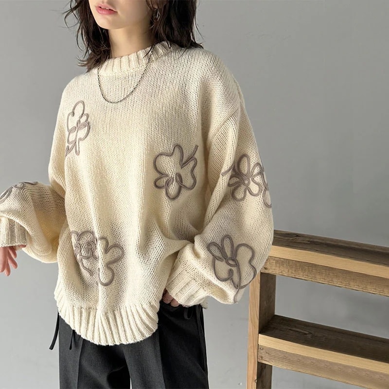 milybilet トップス ニット レディース ウール ライク フラワー コード 刺繍 プルオーバー ドロップショルダー ボリューム袖 ゆるっと オーバーサイズ 大きいサイズ