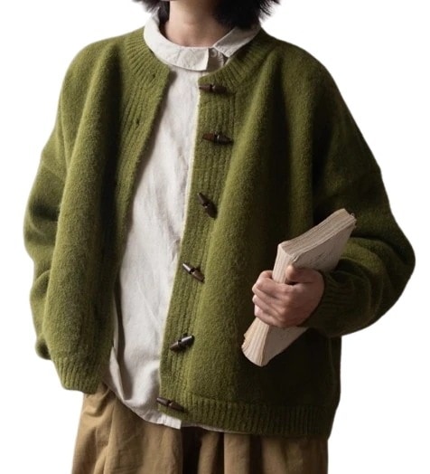韓国服レトロ牛角ボタンジャンパーカーディガンジャケットウェアトップスの怠惰な感覚古代モスグリーンニットトップス